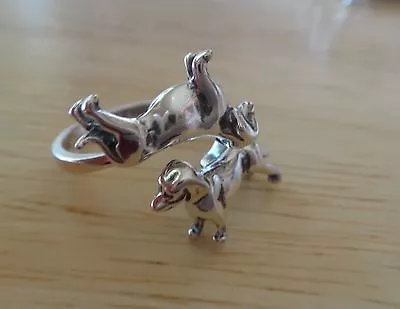 Size 6.5-7 Adjustable 4 Gram Sterling Silver Double Two Dachshund Dog Ring • $41.79