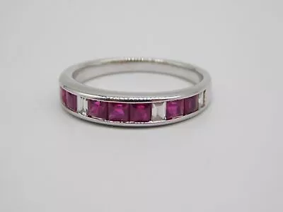 Vintage Designer 18k Solid White Gold Ruby Diamond Stone Ring Band Size 6.5 • $399.99