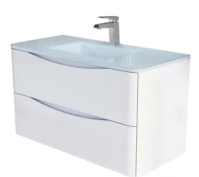 £350 • Buy Light Wood Wall Hung 2 Drawer Eaton 90cm Bathroom Vanity Unit Grey Glass Sink