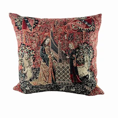 Belgian Tapestry Pillow Ladies Lion Unicorn Organ Music Medieval 18 X 19.5 X 7 • $56.99