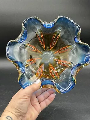 Vintage Murano Sommerso Glass Blue W/Orange Ruffled Bowl • $50