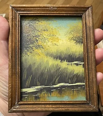 Antique / Vintage Small / Miniature Framed Oil Painting Lake Marsh Nature Scene • $69