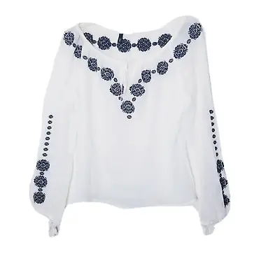 J. Crew Tunic Shirt Women Size Small White Black Embroidery Sheer Gauze Tie • $22.99