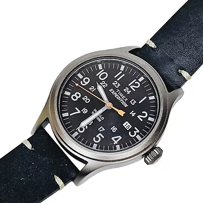 Timex Expedition Watch Men Gunmetal 40mm Indiglo Leather Band Date New Battery • $22.99