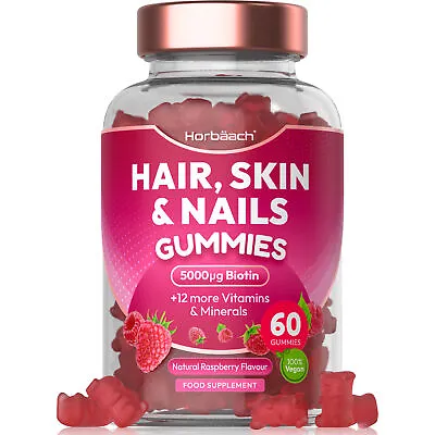 Hair Skin & Nails Gummies | 60 Count | Raspberry Flavour | By Horbaach • £11.99