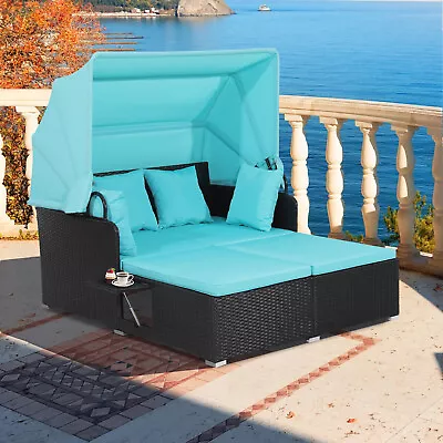 Patio Rattan Daybed Lounge Retractable Top Canopy Side Table Turquoise Cushions • $269.49