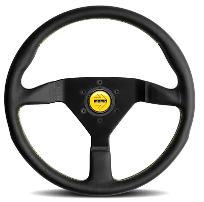 Genuine Momo Monte Carlo Black Leather 350mm Steering Wheel. YELLOW Stitching • $342.68