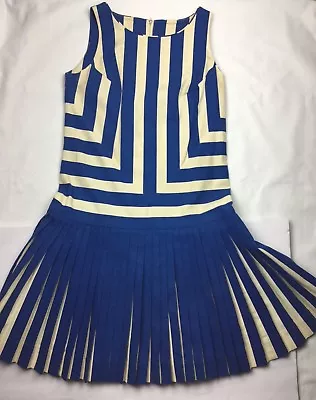 Vintage 60s 70s Striped Mod Dress Blue + White Sleeveless Mini Heavy M? • $69.99