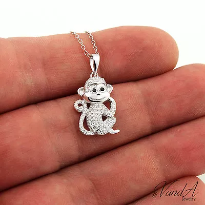 Sterling Silver 925 Monkey Necklace Animal CZ Pendant With Adjustable Chain N129 • $46.99