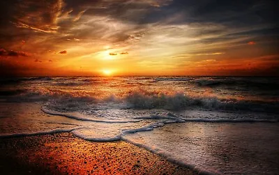 £6.70 • Buy Stunning Sunset Beach Waves Canvas Picture Poster Print Unframed 6655