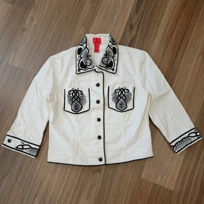 $20 • Buy V CRISTINA WOMEN'S WHITE WESTERN BLACK EMBROIDERED ACCENTS LS JACKET Sz MEDIUM