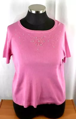 Quacker Factory Ribbed Knit Top Plus Size 1X Pink Sparkle Snowflake Short Sleeve • $19.99
