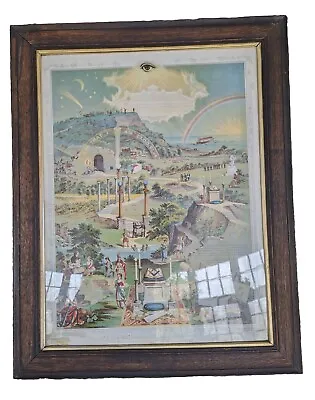 Antique Print Of Free Masons Certification  From Darkness To Light  Orig Frame • $650