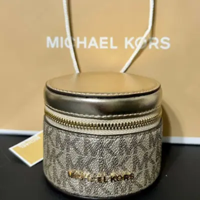 Michael Kors Monogram Round Gold Travel Jewelry Case Jet Set Line NWT  • $98