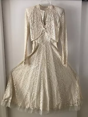 Vtg Women's Ivory Lace Wedding Dress W/Lace Bolero S/5?  1950 (See Description) • $130