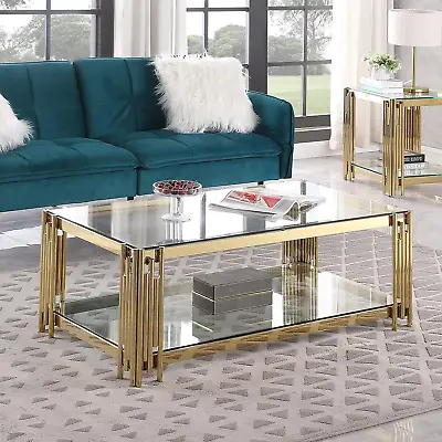 Clear Glass Coffee Table With Gold Stainless Steel Frame Legs Luxury Rectangular • $609.57