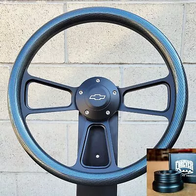 14  Black Steering Wheel Carbon Fiber 1974-94 C10 Chevy Pickup Horn+Adapter • $191.49