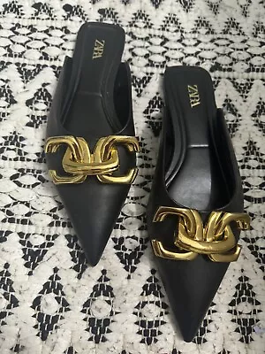 New Zara Flat Slip On Pointed Toe Chunky Gold Buckle  Black Size 8 • $45