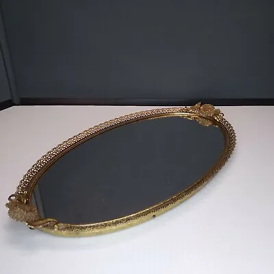 Vintage Large Ornate Vanity Mirror Tray Plated Metal Sunflower Leaf RARE Matson • $95