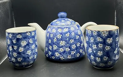 Vintage Japanese “TEA FOR TWO” Blue Floral Teapot And Cups W/Strainer • £34.73