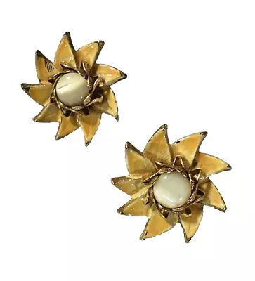 Vintage HAR Earrings Floral Enamel Clip Ons Yellow Sunflowers Shell Bead Cab 1  • $14.95