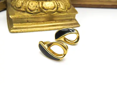 Vintage Signed Trifari Black Enamel Gold Tone Small Drop Pierced Earrings L2 • $15.99