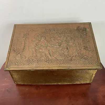 Antique Brass Copper Embossed Tavern Scene Coal Kindling Fireplace Magazine Box • $49.99