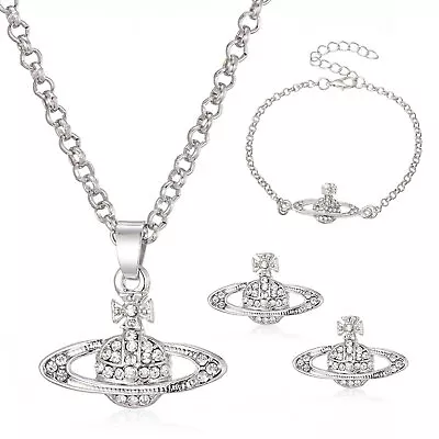 £4.99 • Buy 4pcs Crystal Saturn Heart Orb Set Necklace+Bracelet+Earrings Pendant Chains Gift