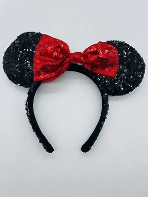 Disney Minnie Mouse Plush Ears Headpiece Headband W Red Sequin Bow Costume • $14.99