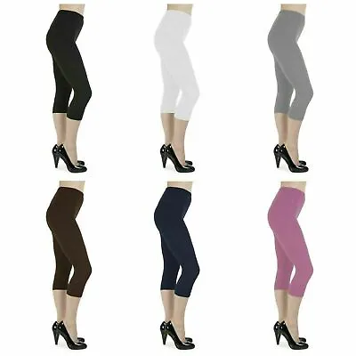 Womens Ladies Cropped Capri Leggings Plus Size 6 8 10 12 14 16 18 20 22 24 26 • £6.59