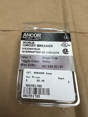 Panel Breaker Ac/dc  551705 5 Amp White Single Pole Ancor Magnetic Marine • $20