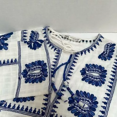 Zara Embroidered Tunic V-Neck Cover-Up White & Blue Floral Size XS • $23.99