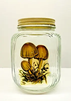 Vintage Square Clear Glass With Mushroom Print Kitchen Canister Jar 7  Tall • $30