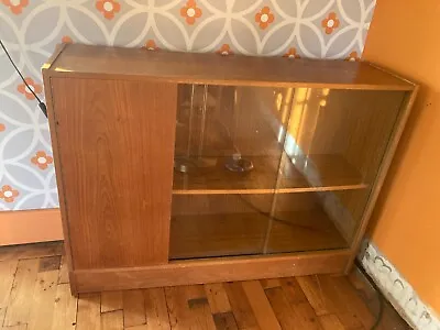 Vintage Mid Century Brown Teak Display Cabinet With Cupboard Glass Sliding Doors • £39.99