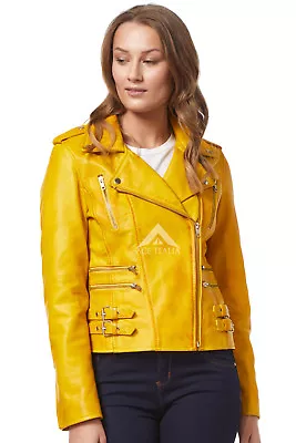 'MYSTIQUE' Ladies Yellow Biker Style Motorcycle Designer Nappa Leather Jacket • £96.69