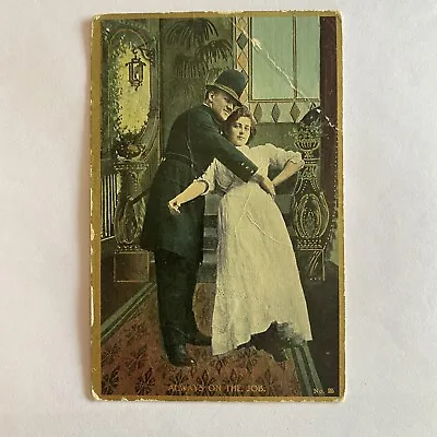 Police Officer & Woman Romantic Humor ALWAYS ON THE JOB VTG Some Creases 1910 • $5