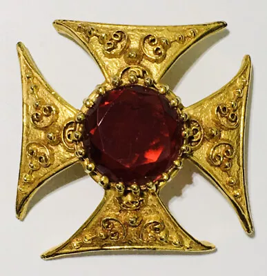 Vintage Brooch Maltese Cross Gold Tone Large Red Faceted Glass Center Prong Set • $95