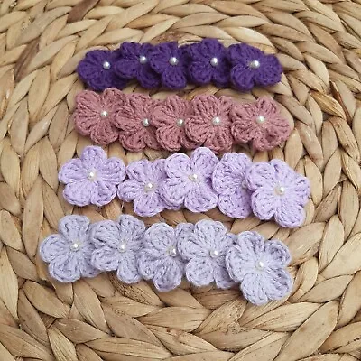 Handmade Crochet Flowers With Pearl Lilac Purple Embellishment Applique Patches  • £4.90