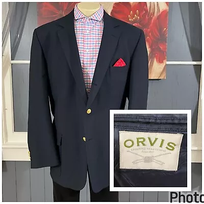 Orvis Blazer Mens 48L Long 3 Button Jacket Navy Wool/Polyester Golden Buttons • $109