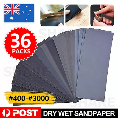 36x Sandpaper Wet Dry Sanding Sheet 400 600 800 1000 1200 1500 2000 3000 Grit AU • $11.95