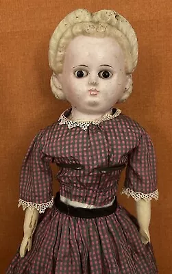 Nice Antique German Wax Over Paper Mache Pumpkin Head Doll Glass Eyes Wood Limbs • $32