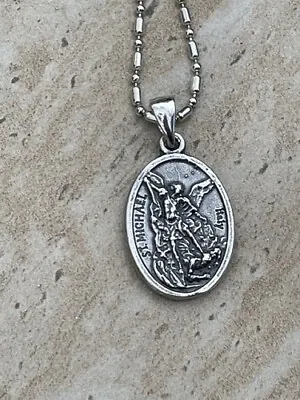 St Michael/Guardian Angel Sterling Silver Two Sided Medal On 24  Bead Ball Chain • $39.95