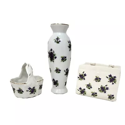 Lefton China Violet Chintz 6in Purple Flowers Vase Basket Purse SET Of 3 Japan • $44.99