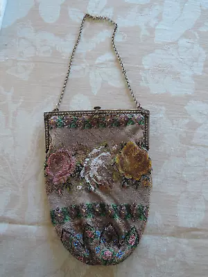 1920s Antique Microbeaded Bag Purse Roses Violets On Pale Gray Lily Frame • $32.99