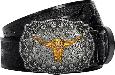 Men Women PU-Leather-Western-Cowboy-Belts - Floral Engraved Longhorn Bull Patter • $18.99