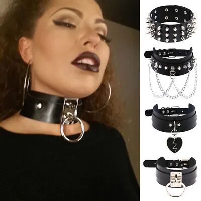 Women Gothic Choker Black PU Necklace Collar Chain Maid Punk Cosplay Accessories • $7.39