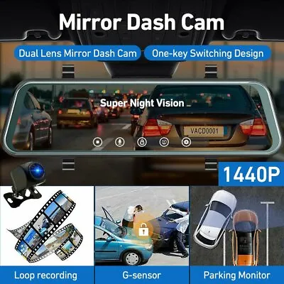$81.99 • Buy 1440P Dash Camera Rear View Car Cam Reversing Mirror Front And Rear DVR Recorder