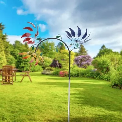 Large Metal Wind Spinner With Three Spinning Flowers Butterflies Windmill Decor • £18.29