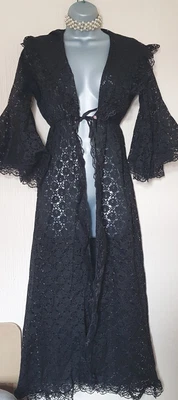 £5.50 • Buy 💜black Vintage Lace Negligee/ Dressing Gown. Size 10/12💜with Big Fan Sleeves