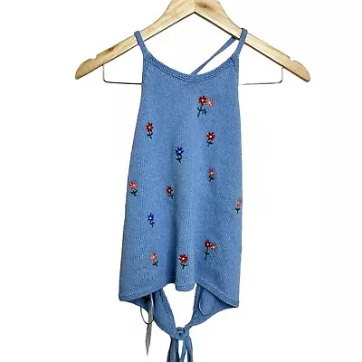 Zara Knit Floral Embroidered Halterneck  Top Blue Size Small Crocheted Open Back • $39